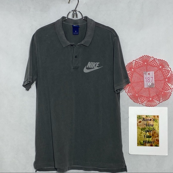 Nike Men's Screen Printed Short Logo Sleeve 2 Button Polo Shirt Heather Grey - Picture 2 of 7
